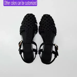Summer New Women’s Solid Color Leisure Black Gold Buckle Cage Outer Wear Mules Hollow Woven Shoes