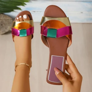 Summer New Women’s Square Toe Cross Flat Sandals Simple Versatile Slippers for Outdoor Wear