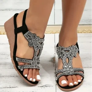 Summer Open Toe PU Leather Wedge Sandals Soft Soled Anti Slip Sandals for Women and Ladies Outdoor Walking Casual Shoes