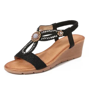 Summer Open Toe PU Leather Wedge Sandals Soft Soled Anti Slip Sandals for Women and Ladies Outdoor Walking Casual Shoes