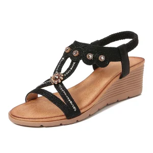 Summer Open Toe PU Leather Wedge Sandals Soft Soled Anti Slip Sandals for Women and Ladies Outdoor Walking Casual Shoes