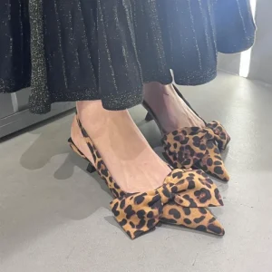 Summer Outdoor High Top Lace up Pointed Toe Women’s Heeled Shoes with Leopard Bow and Fine Thin Heel