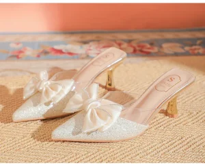 Summer Pink Bow Slippers Suede Pointed Low Heel Women’s Sandals Fashion Dress Mules Wear Elegant Slippers Sandals Gladiator