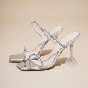 Summer Rhinestone Stiletto Sandals Women’s Elegant Socialite French Style Square Toe Slingback Open toed High heeled