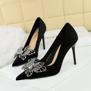 Summer Sandals New Style Sexy Pointy Single Shoe Bow Rhinestone Black Stiletto Women’s High Heels