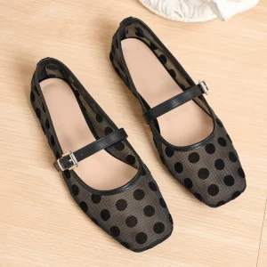 Summer Solid Mesh Mary Jane Flats Women’s Flat Bottom Buckle Strap Shoes