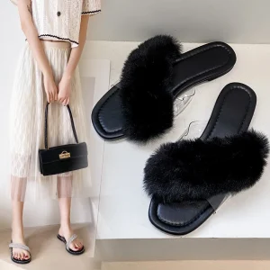 Summer Spring Women’s Plush Slippers Outdoor Fashion Flat Fur Ladies Luxury Slippers Open Toe Rubber Soft Ladies Designer Slides