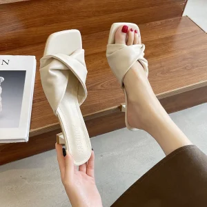 Summer Square Toe Slip On Cat Heel High Heel Slide Sandals French Style Women’s Half Slippers