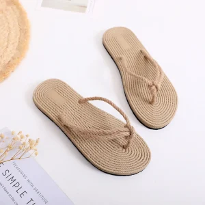 Summer Straw Rope Travel Hemp Sole Women’s Korean Style Flip-Flops Flat Bottom Beach Flat Heel Women’s Slippers