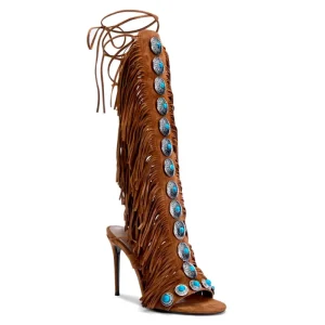 Summer Tassel Gemstone Elegant Square Toe Thick Heel Ultra High Heel Stiletto Boots Knee Size Women’s Shoes