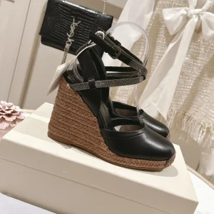 Summer Wedge Fisherman Toe Thick soled High heeled Hollow Cowhide Sheepskin Lining Women’s Shoes Straw woven Rope Large Size