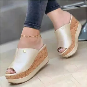 Summer Wedge Slippers Platform High Heels Women Ladies Outside Shoes Basic Clog Wedge Slip on Gold Sandals