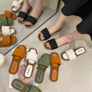 Summer Women Fashion Sandals Anti-Slip Square Toe Slippers Lightweight Women’s Slip-Ons Loafers Flip-Flops