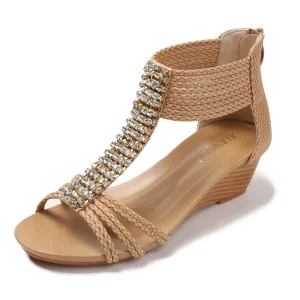 Summer Women Sandals Bohemia Style Shoes for Women Wedge Heel Sandals Beach Shoes Rhinestones Zipper Shoes Plus Size