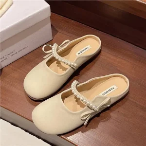 Summer Women’s Baotou Sandals Soft Bottom Milk Shoes with Pearl Bow Fragrance Wind Wear Slides for Slippers