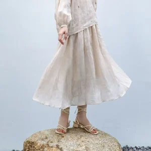 Summer Women’s Beige Linen Blend Maxi Skirt High Waist Flowy a Line Casual Skirt