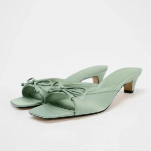Summer Women’s Bow decorated Upper High heeled Square toe Mules Elegant Slingback Slide Sandals