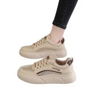 Summer Women’s Breathable Hollow Out Mesh Lace Up Thick Soled Sneakers Casual Skate Shoes White
