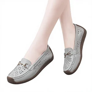 Summer Women’s Casual Breathable Leather Single Layer Wedge Heel Hollow Out Loafers TPR Outsole Deodorizing Abrasion Resistant