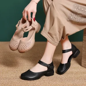 Summer Women’s Casual Heeled Sandals Versatile Outdoor Shoes Low Heel Buckle Comfortable Soft Leather