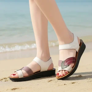 Summer Women’s Color-blocked Leaf-decorated Wedge Heel Sandals Leather Adjustable Thick-soled Open-toe Casual Shoes