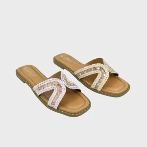 Summer Women’s Cross Strap Flat Slipper with Woven Stone Studs Open Toe Footwear Breathable Beach Wear Slippers