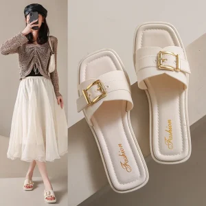Summer Women’s Fashion Sandals Slipper Ladies Wear Non Shoes Outside New Square Buckle Flat Line Casual Beach Slippers
