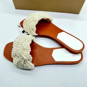Summer Women’s Flats Faux Pearl Inlaid Low Heel Open Toe Platform Shoes Mesh All Match Casual Outer Wear Beach Shoes