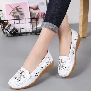 Summer Women’s Genuine Leather Hollow Breathable Durable Loafers Tassel Slip On Comfortable Soft Sole Mother’s Shoes All Match