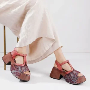 Summer Women’s High Top Open Toe Pure Cowhide Sandals High Heel Chunky Heel Elastic Band Buckle Hard-Wearing Fashion Trend