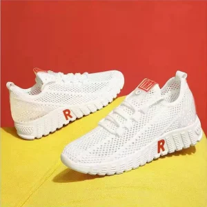 Summer Women’s Lace up Mesh Running Shoes Comfortable Breathable PVC Outsole White Flat Sneakers