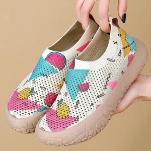 Summer Women’s Low cut Slip on Mesh Sneakers Breathable Lightweight Durable Sole Graffiti Casual Everyday Footwear