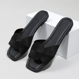 Summer Women’s Metal Electric Embroidery Woven Flat Sandals Cross-Border Foreign Trade Europe & US
