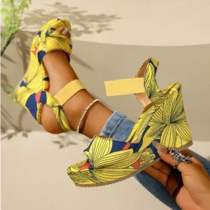 Summer Women’s Open Toe Heeled Sandals with Elastic Ankle Strap and Thick Sole Casual Shoes