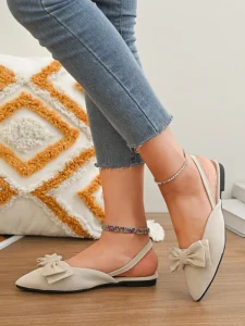 Summer Women’s Pointed Toe Slingback Flats with Bow French Elegant Suede Flat Sandals for Casual Party Plus Size 35-43