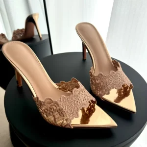 Summer Women’s Pointed Toe Stiletto Heel Lace Mules Champagne Color Fashion Slip-On Outdoor Slides
