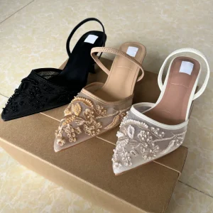 Summer Women’s Pumps Mesh Embroidered Flowers Stiletto Wedding Shoes Thin Heels Elegant Bride Wedding Sandals