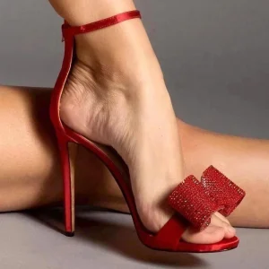 Summer Women’s Red & White Satin Leather High Heel Sandals One Band Open Ankle Strap with Big Bowtie Strappy Design