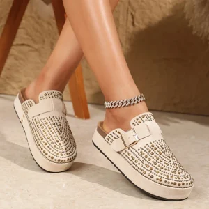 Summer Women’s Round Toe Rivet Thick-Soled Sandals Beach Vacation Style Slip-On Mules