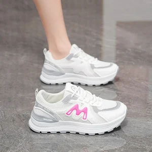 Summer Women’s Shoes Breathable Mesh Lace Up White Sneakers Korean Style Versatile Thick Soled Rubber Outsole Sports Shoes