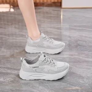 Summer Women’s Shoes Breathable Mesh Sneakers Korean Style Toe Lace Up Rubber Outsole Thick Soft Casual Running Dad Shoes