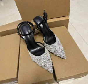Summer Women’s Shoes Lustrous Mesh Pointed Toe High Heeled Muller Shoes Thin Heeled Sandals Buckle Rubber Outsole 10CM