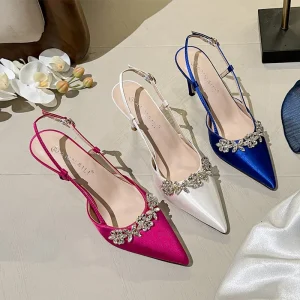 Summer Women’s Silk Satin Wedding Shoes Large French Evening Dress High Heels Diamond Open Back Pointed Toe Bridesmaids
