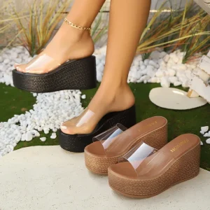 Summer Women’s Transparent Wedge Sandals Slip On Open Toe Thick Bottom Large Size European American Style