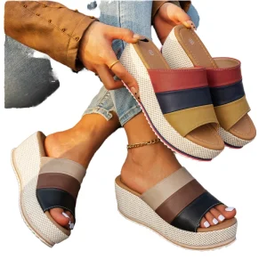 Summer Women’s Wedge Heel Sandals Comfort Platform Mixed Color Design Slippers with Thick Bottom Slip on Closure Slippers
