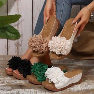Summer Women’s Wedge Mule Sandals Floral Decor Platform Slippers Soft Sole Comfort Casual Ladies