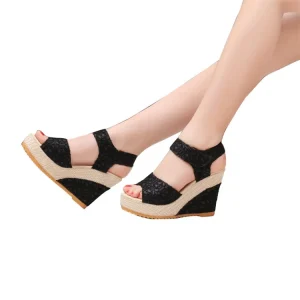 Summer and Autumn Women’s Slope Heel Sandals Gold Pink Mesh Magic High Heel Waterproof Non-slip