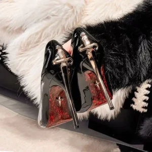 Super High Heel Red Bottom Fine Heel Solid Color Women’s Shoes Open Toe Microfiber Upper Natural Rubber Outsole One Pedal