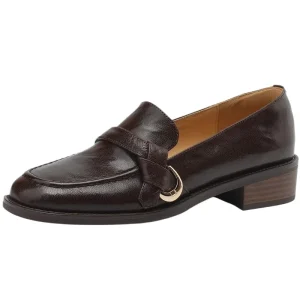 Super Soft Lambskin Leather Medium Chunky Heel Loafers Women’s Shallow Mouth Pumps British Style on Brown Leather Shoes