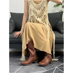 Synthetic Leather V-Cut Western Boots Women’s Retro Knight Style High-top Tassel Hollowed-out Comfortable Mid-heel